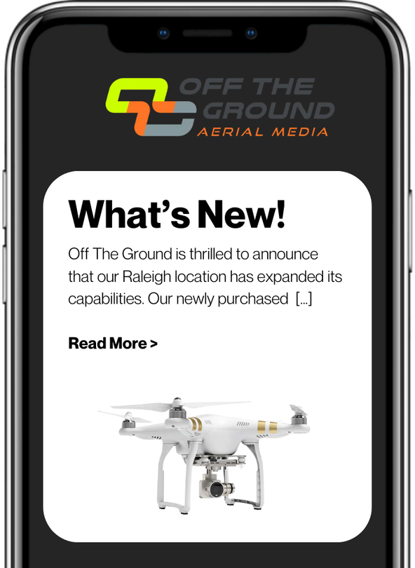 Mobile phone displaying an email from Off The Ground Aerial Media, announcing expanded Raleigh capabilities, featuring a drone photo.