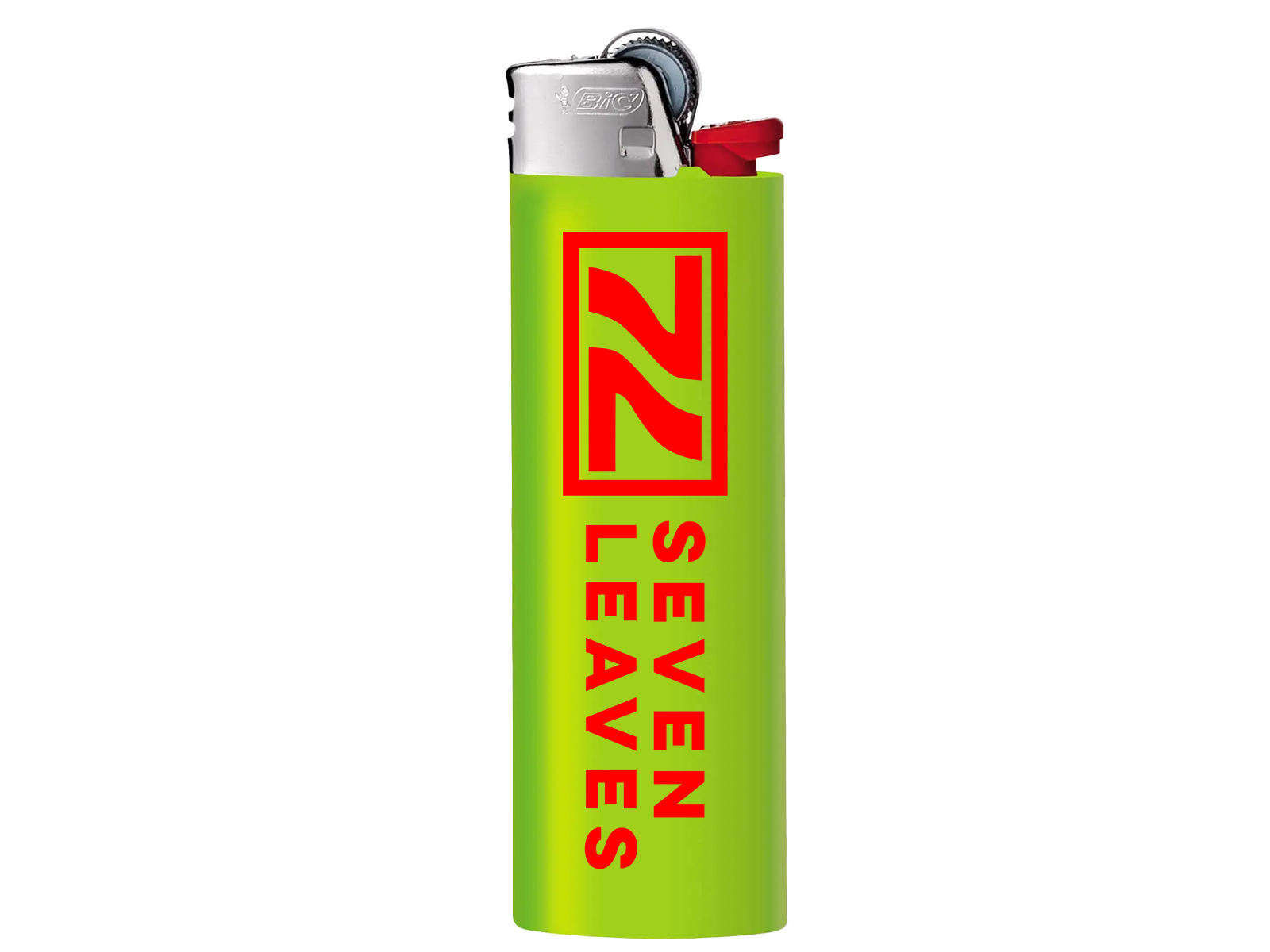 A green lighter with the words `` seven leaves '' on it.
