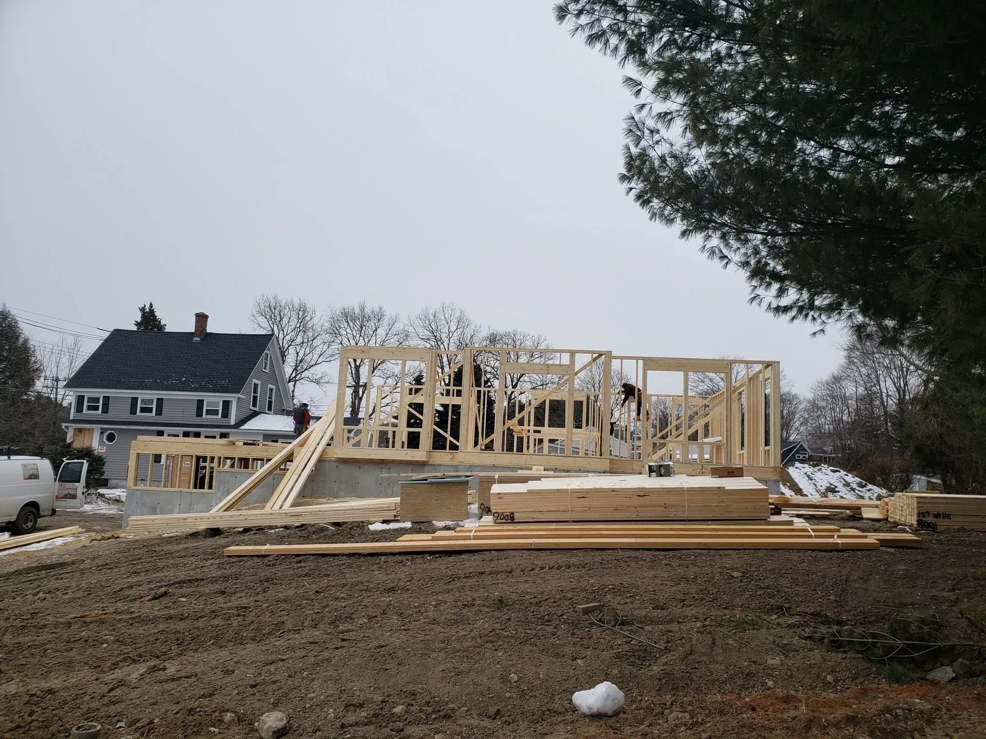 A house is being built in the middle of a dirt field