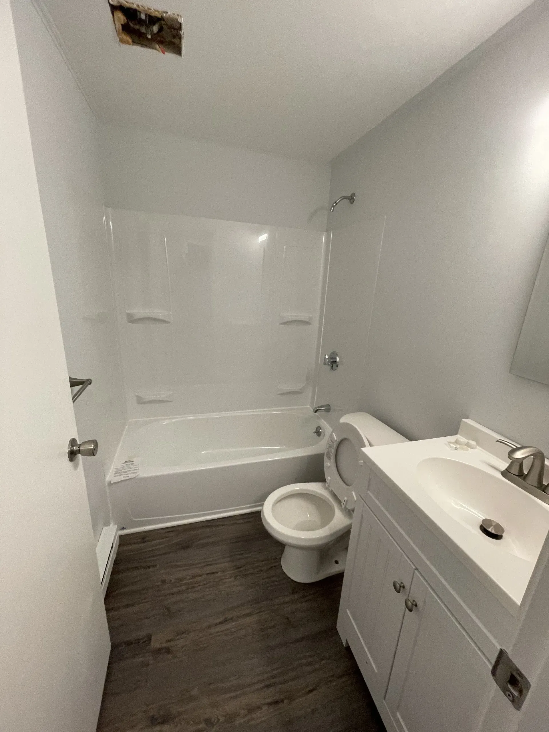 A bathroom with a sink , toilet , bathtub and shower.
