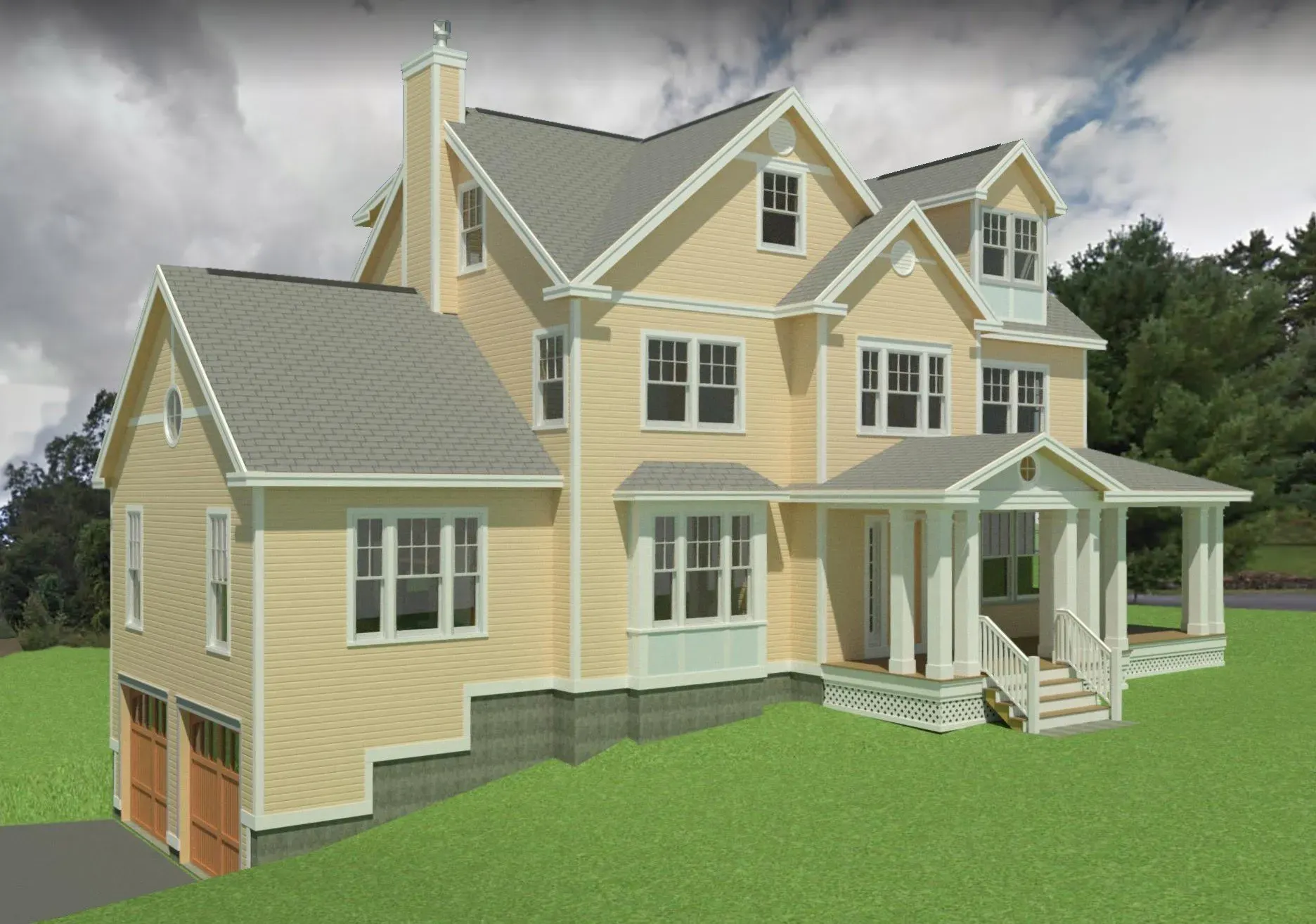 A large yellow house with a gray roof