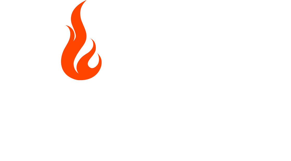 Orange flame icon with the words Forge Network Building business balance and brotherhood on white background.