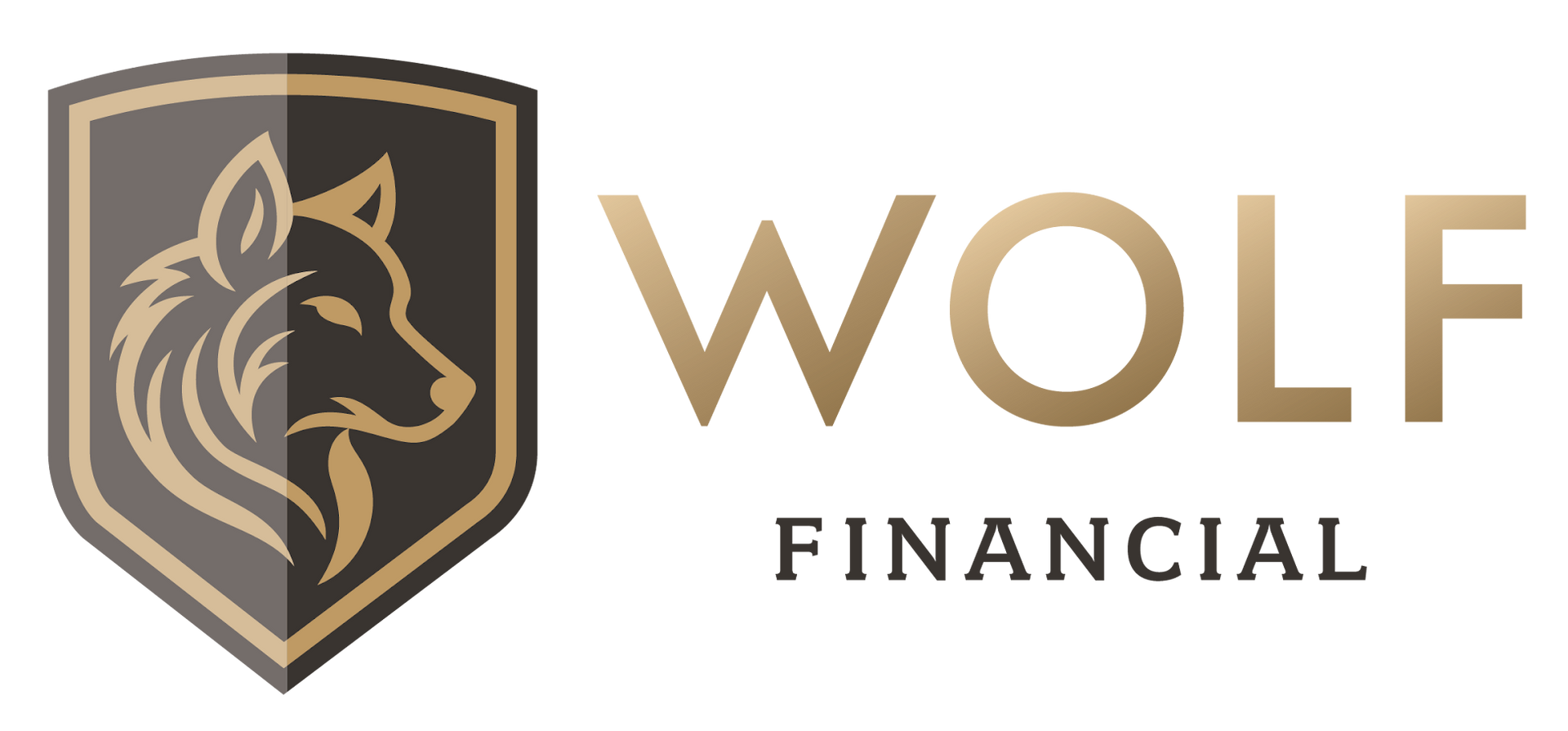 Wolf Financial logo with gold shield wolf emblem and black-and-gold text on a white background