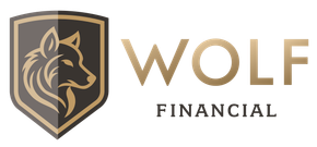 Wolf Financial logo with gold shield wolf emblem and black-and-gold text on a white background