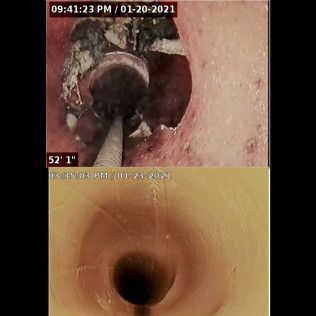 Two camera views inside a drain pipe. Top: debris around tool. Bottom: clear pipe view.