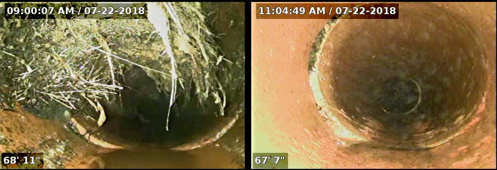 Two views inside a pipe. Left: roots and debris. Right: clean pipe with ring feature.