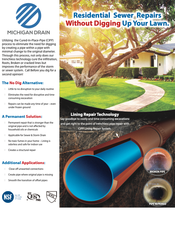 Advertisement: Michigan Drain for residential sewer repair. Shows a home and diagram of a pipe repair process.