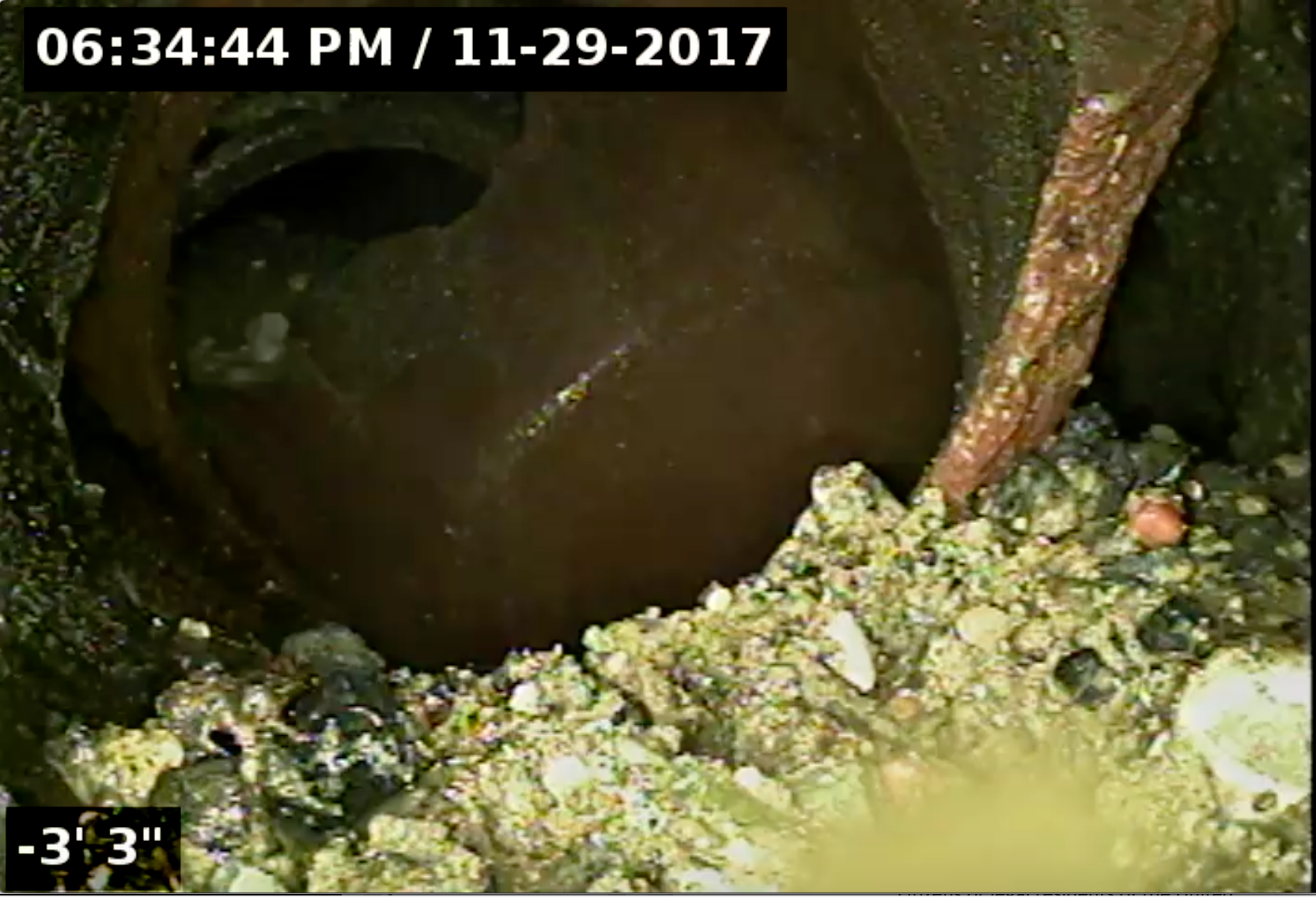 Sewer pipe interior filled with murky water and debris, rust-colored pipe visible.