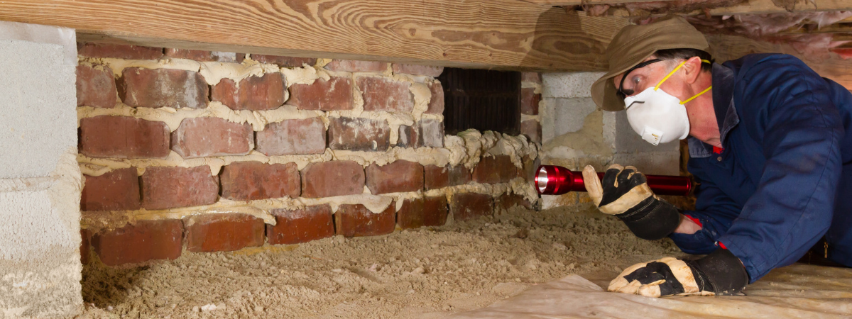 Worker in blue coveralls inspecting brick crawlspace with a flashlight and mask.