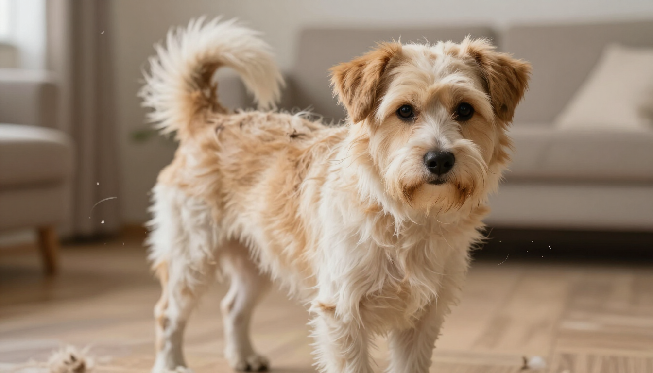 Small tan-and-white dog standing indoors on a wooden floor, looking at the camera.