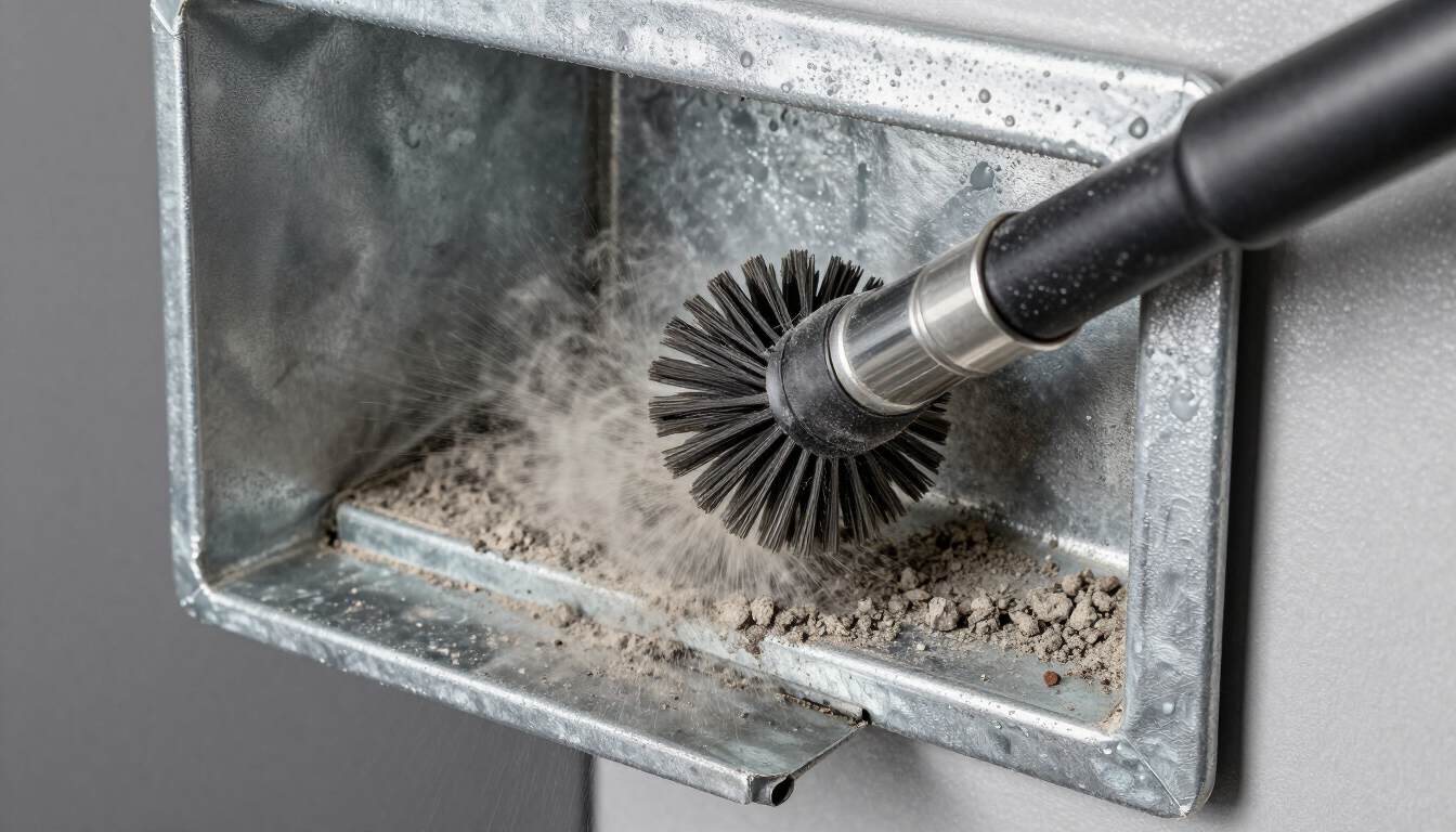 Black brush cleaning dust from a metal vent or duct opening