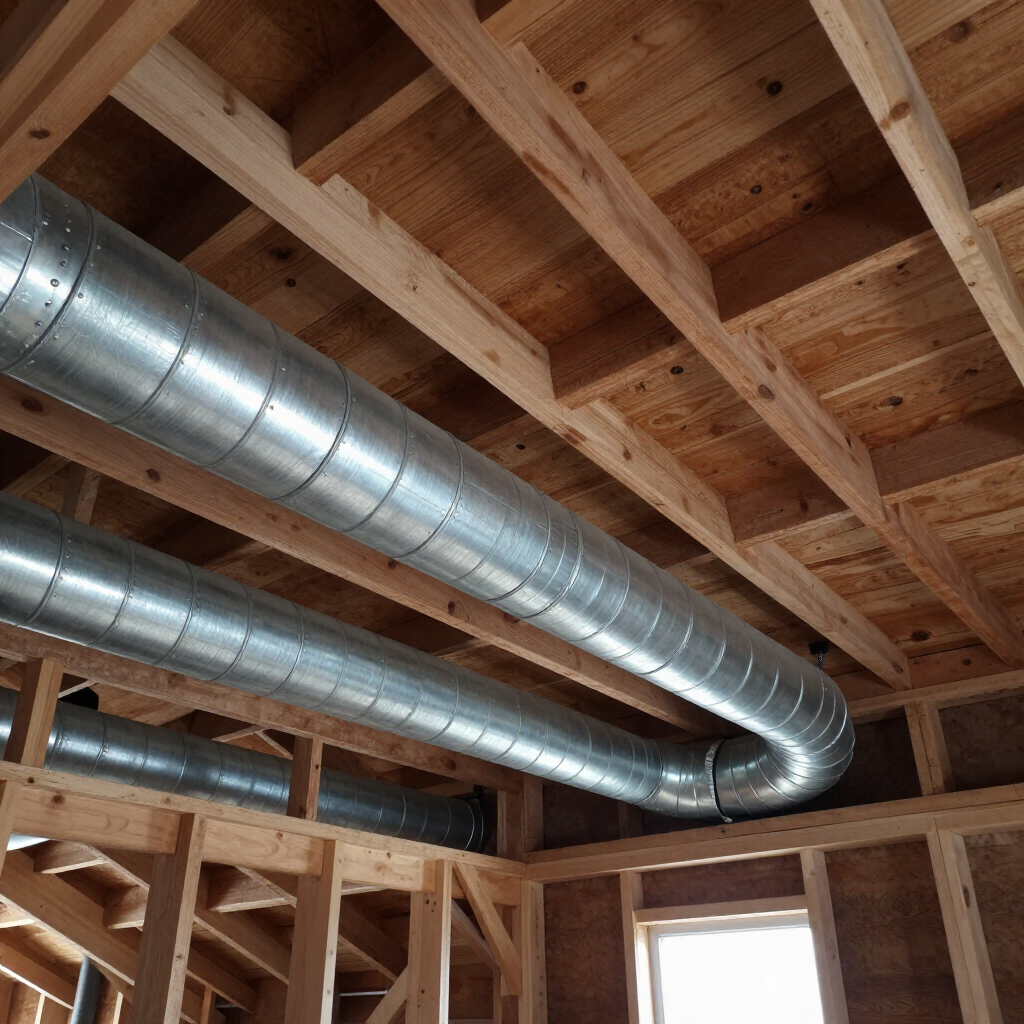 Exposed silver HVAC ducts running through unfinished wooden attic framing with a small window below