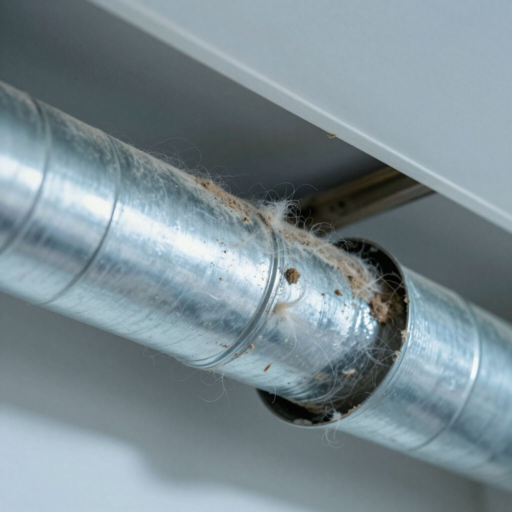 Damaged silver metal duct with a gap and frayed insulation hanging out