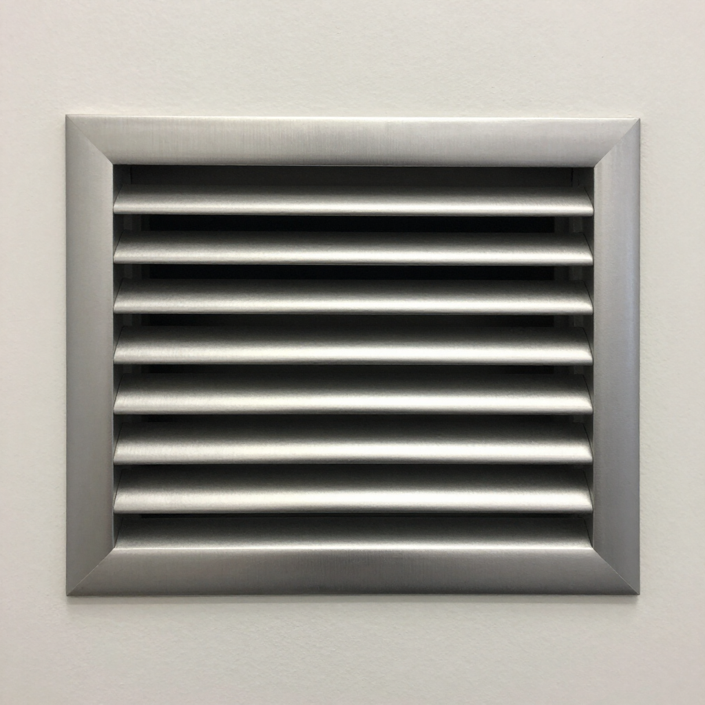 Silver metal air vent with horizontal slats on a light wall