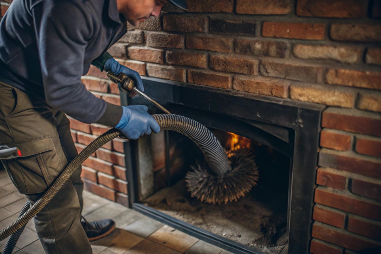 Person cleaning a brick fireplace with a vacuum hose and brush attachment