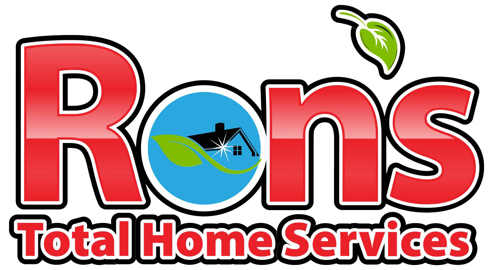 Rons Total Home Services logo in red with a house in a blue circle and a green leaf