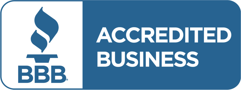 BBB Accredited Business logo with blue flame icon and white text on blue background