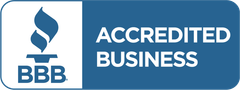 BBB Accredited Business logo with blue flame icon and white text on blue background