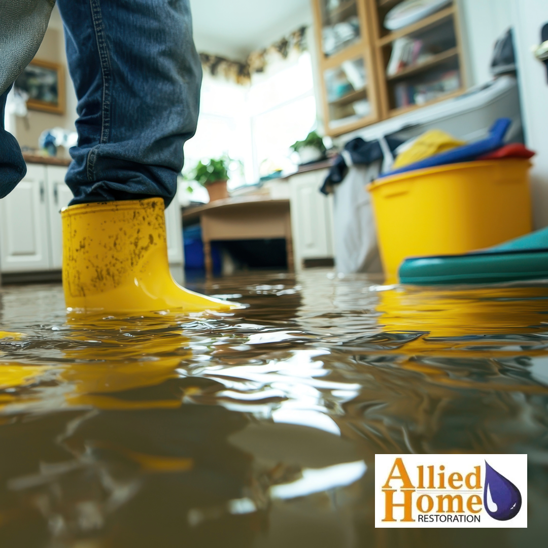 Person in yellow boots standing in floodwater in kitchen.