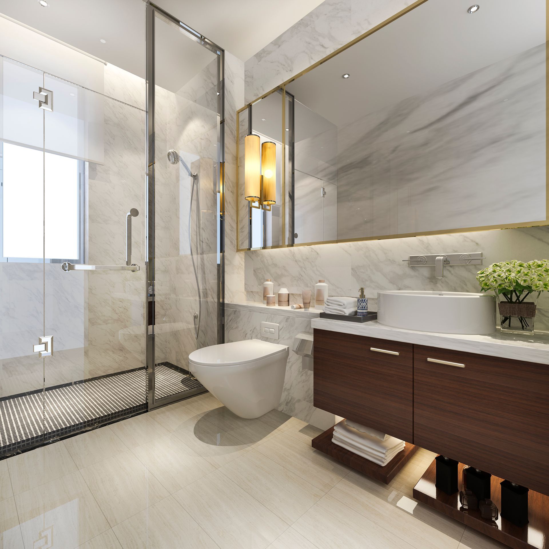 Modern bathroom with a glass shower, toilet, sink, mirror, and dark wood vanity.