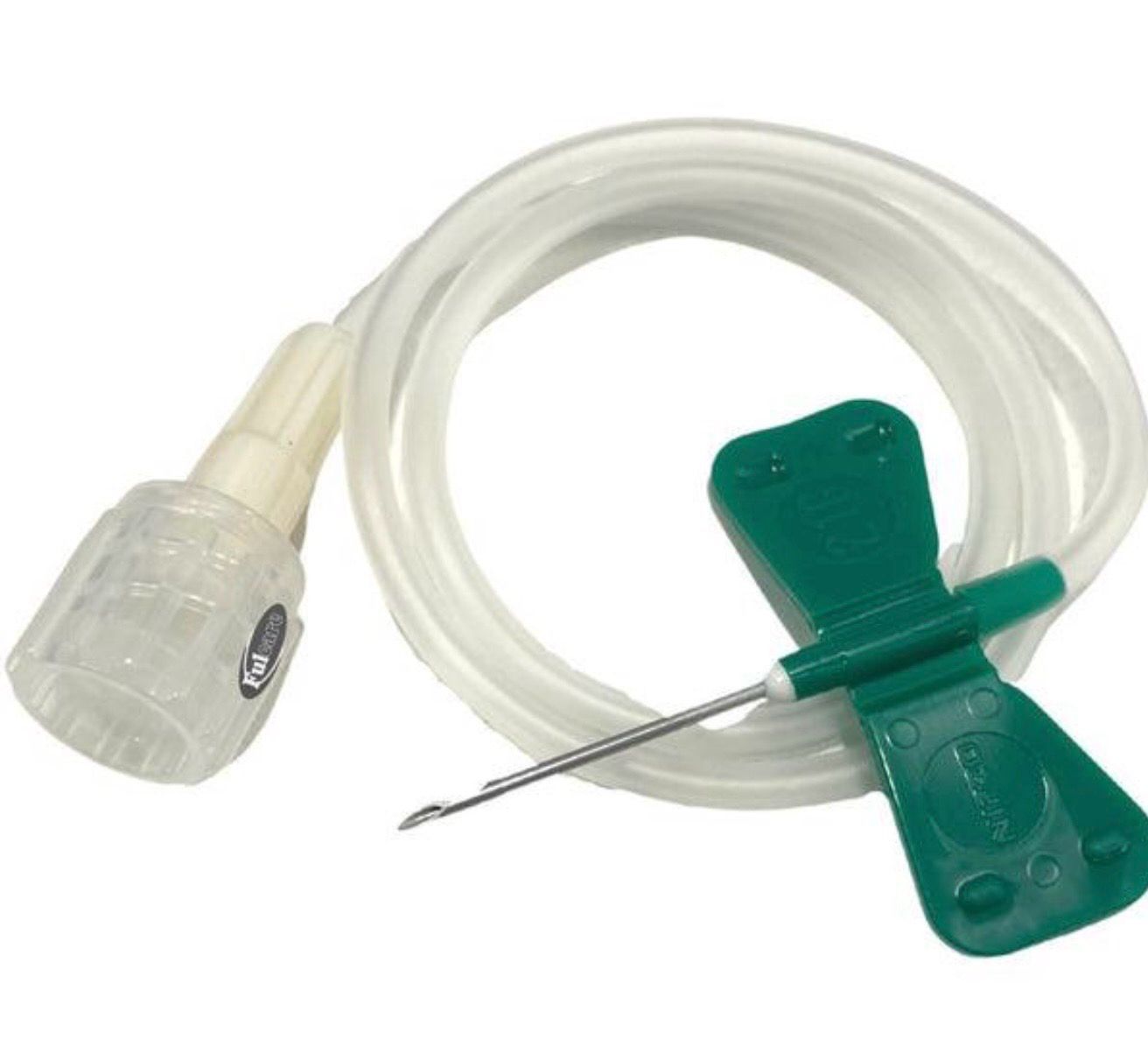 IV catheter with clear tubing and green winged needle on a white background