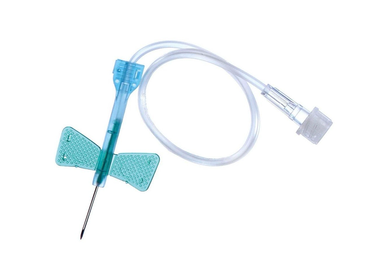 Blue IV catheter with tubing and connector on a white background