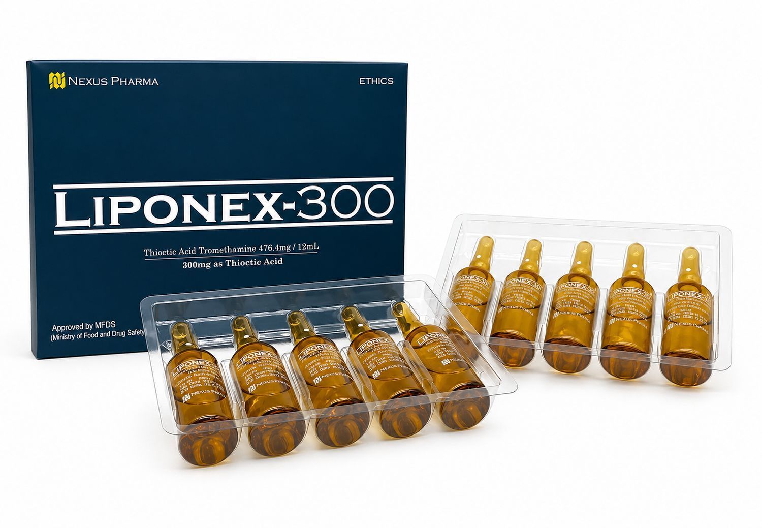 Liponex-300 medicine box with amber ampoules on a white background