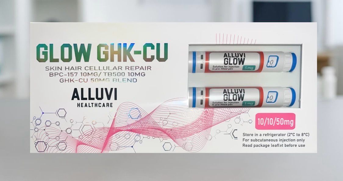 Box of GLOW GHK-CU ALLUVI skincare ampoules with two tubes on a white background
