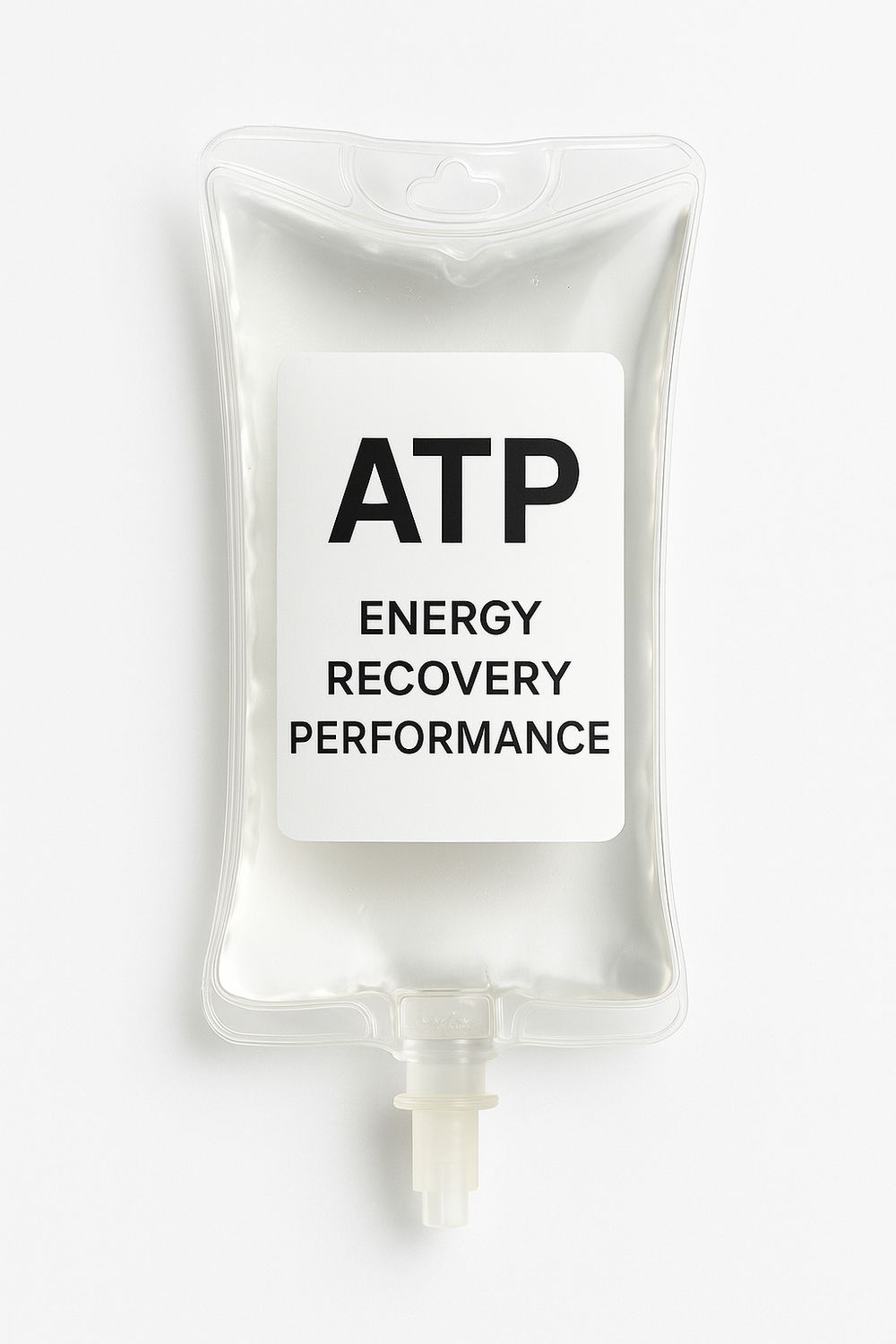 Clear IV bag labeled “ATP Energy Recovery Performance” on a white background