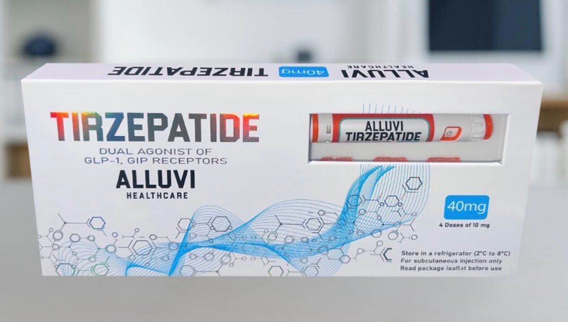 TIRZEPATIDE ALLUVI medicine box on a white background with blue water splash graphic