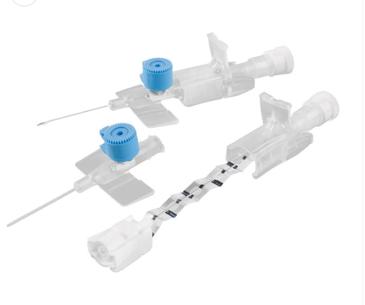 Three clear plastic medical syringes with blue caps, shown on a white background.