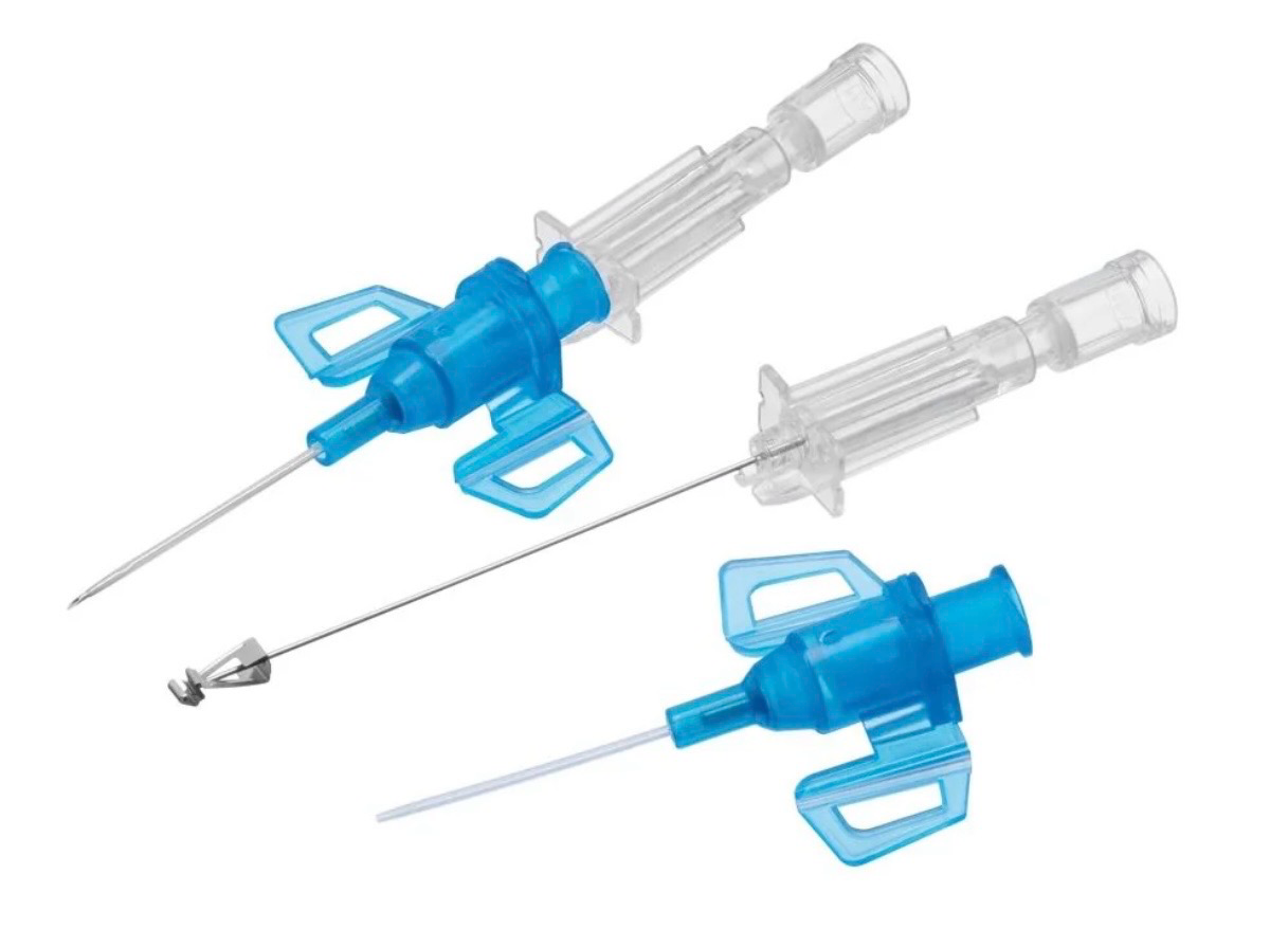 Blue safety IV catheter with needle and clear protective cap, shown in three views