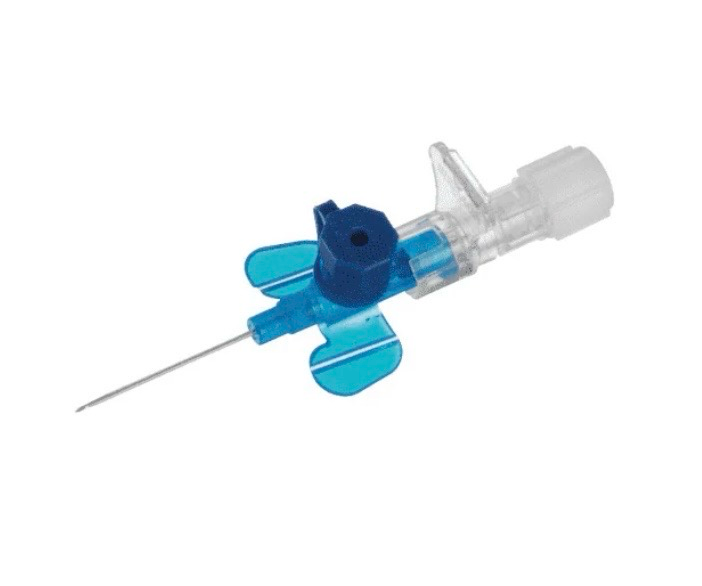 Blue and clear medical needle with translucent winged hub on white background