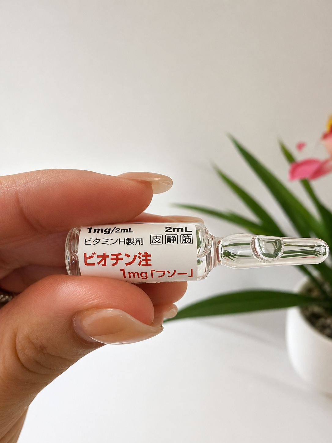 Hand holding a small glass ampoule with Japanese label, in front of a potted plant.