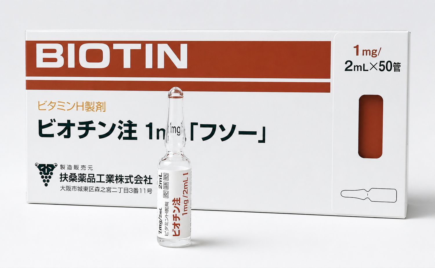 BIOTIN injection box and ampoule, white and red Japanese medicine packaging with “1mL x 50” text.