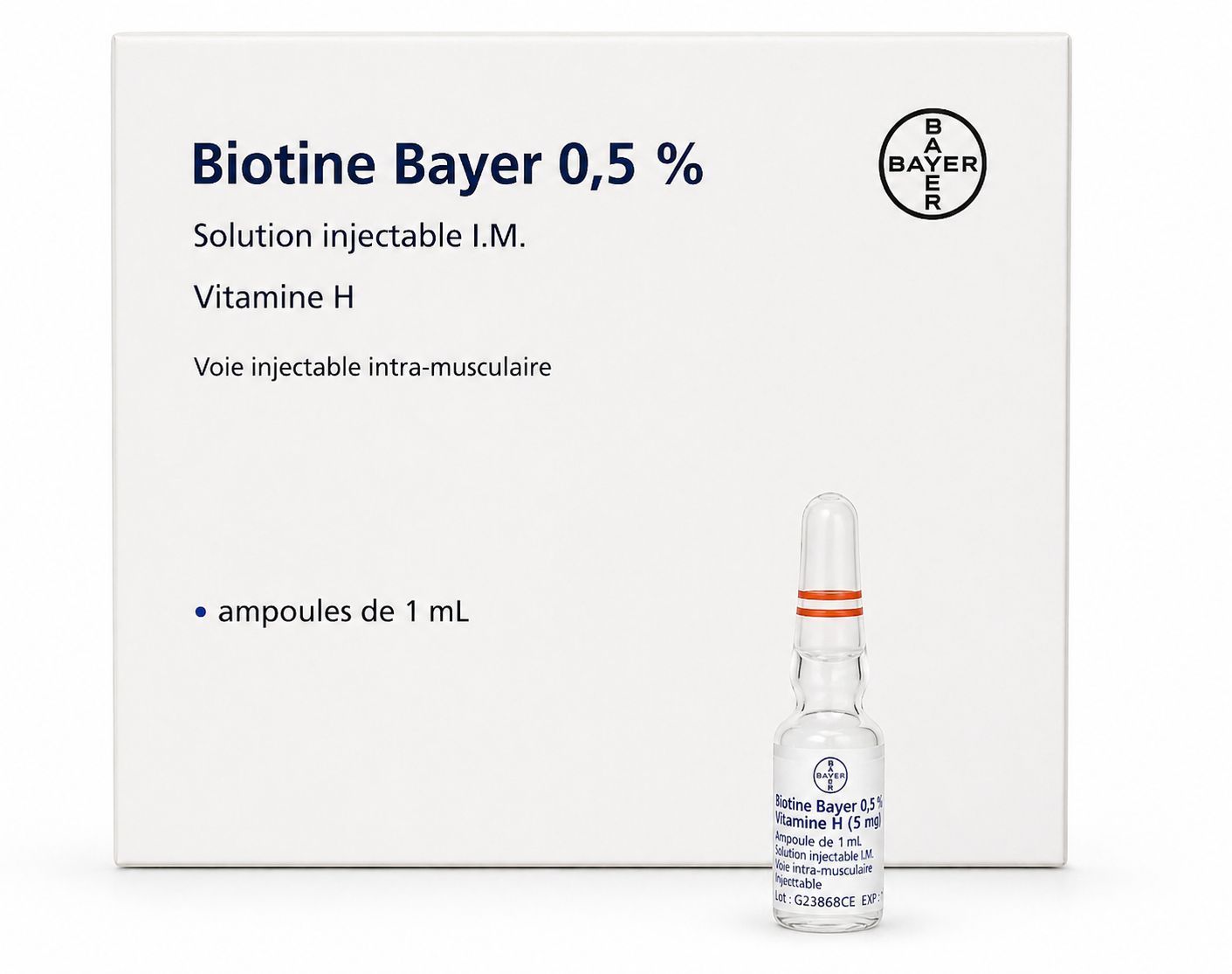 Biotine Bayer 0.5% vitamin H ampoules box with a small vial on a white background