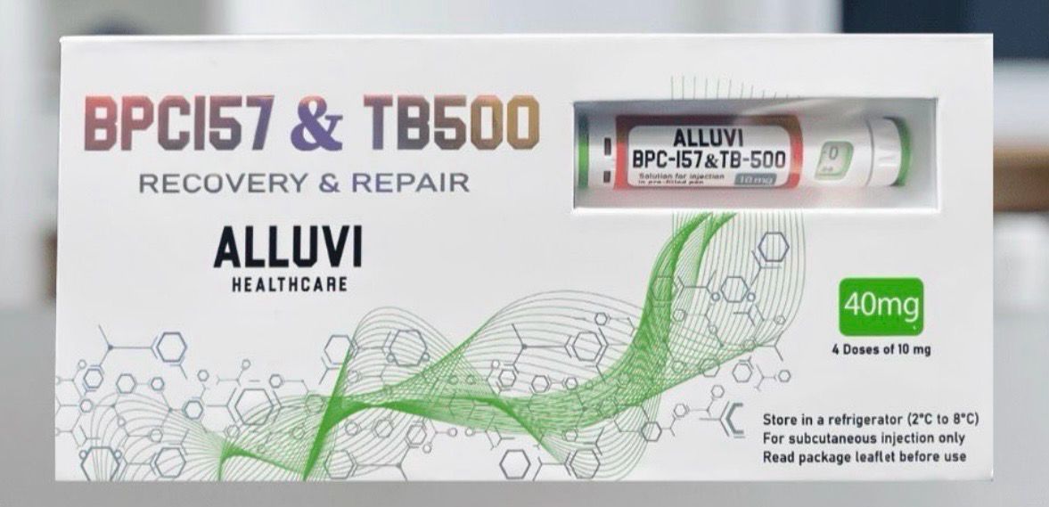 BP157/TB500 Alluvi recovery and repair supplement box with green abstract graphic and vial