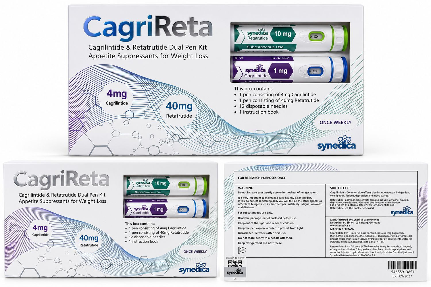 CagriReta medicine box, white and blue packaging with blister packs shown on a plain background