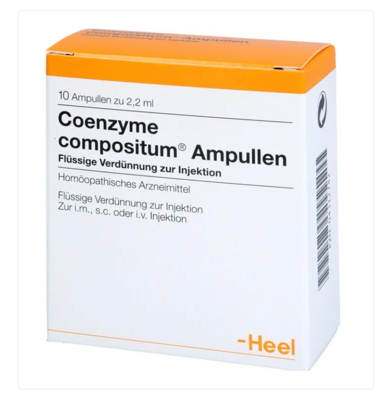 Box of Coenzyme compositum ampoules, white and orange pharmaceutical packaging with German text