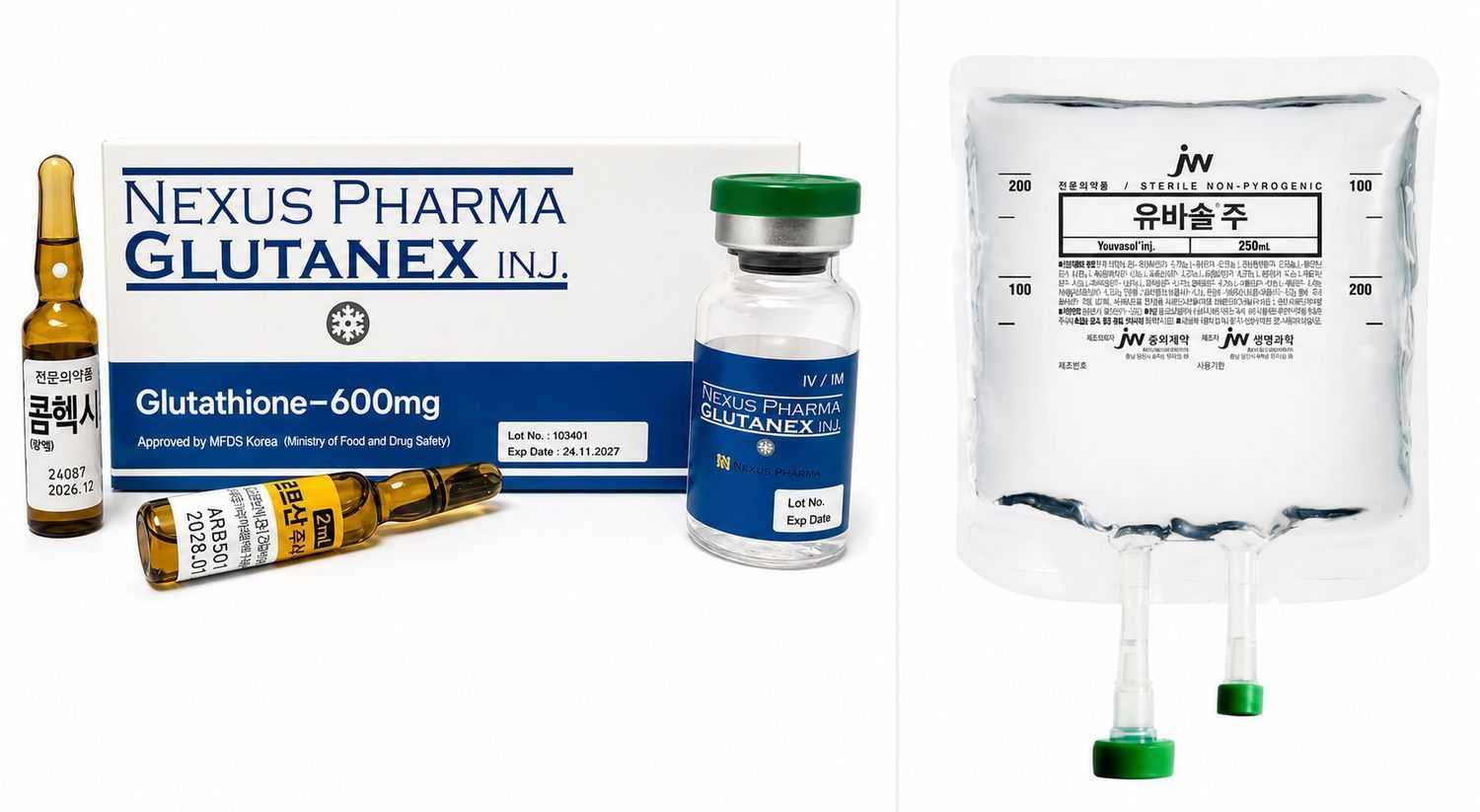 Glutathione product packaging and IV drip set, with ampoule, vial, and infusion bag on white background