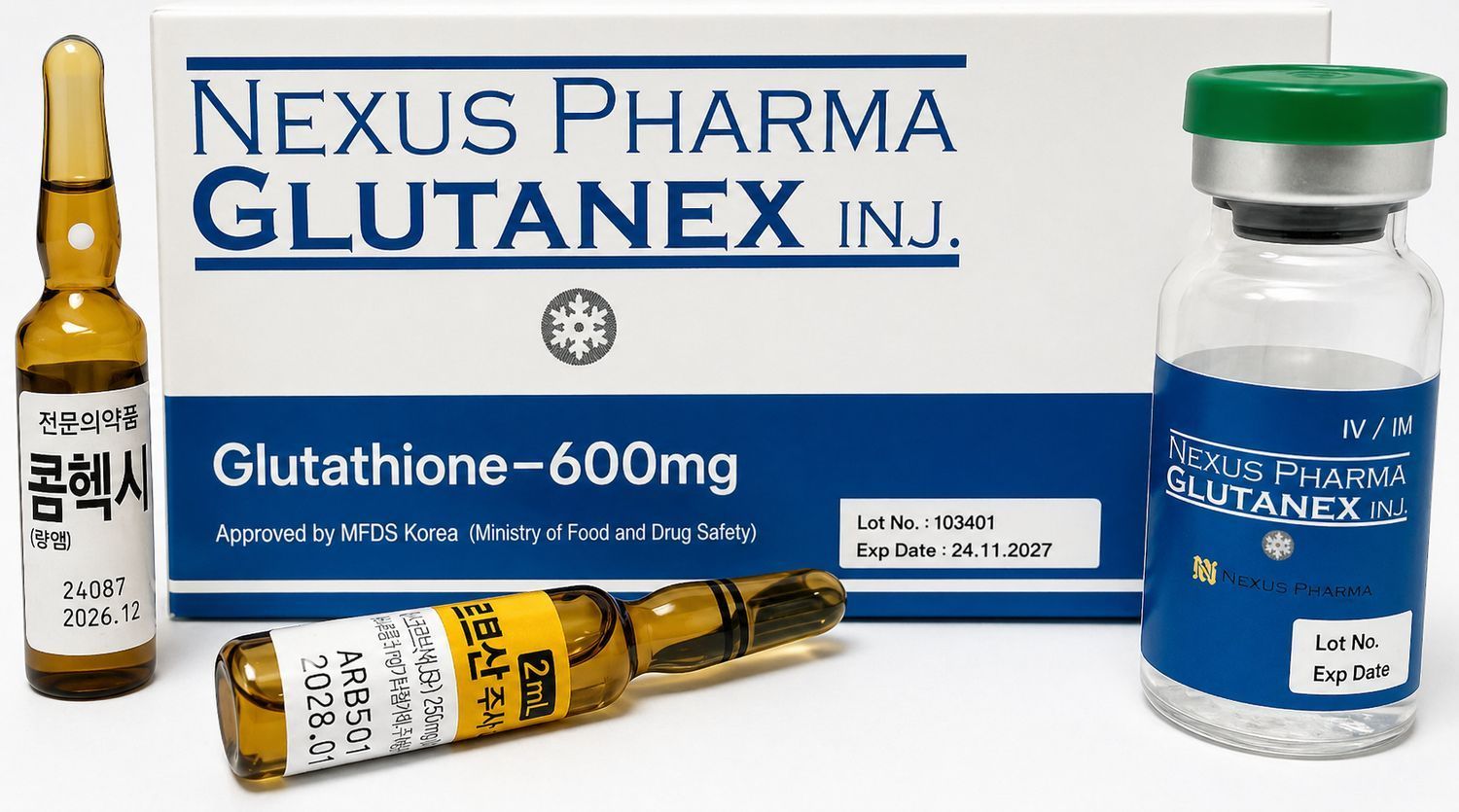 Nexus Pharma Glutanex Glutathione-600mg product box with vial, ampoules, and tablet packaging on white background
