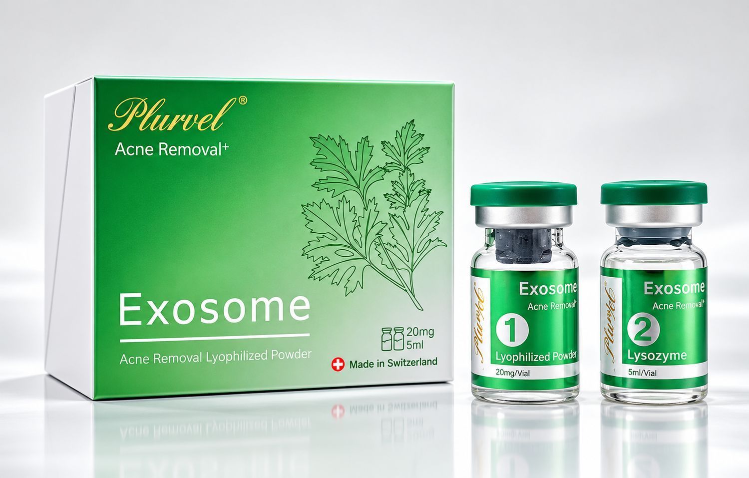 Green Exosome skincare product box with two serum vials on a white background