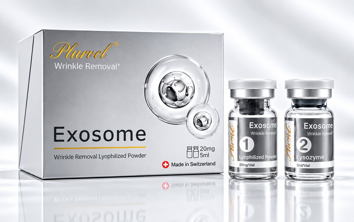 Exosome skincare product box with two serum vials on a white background