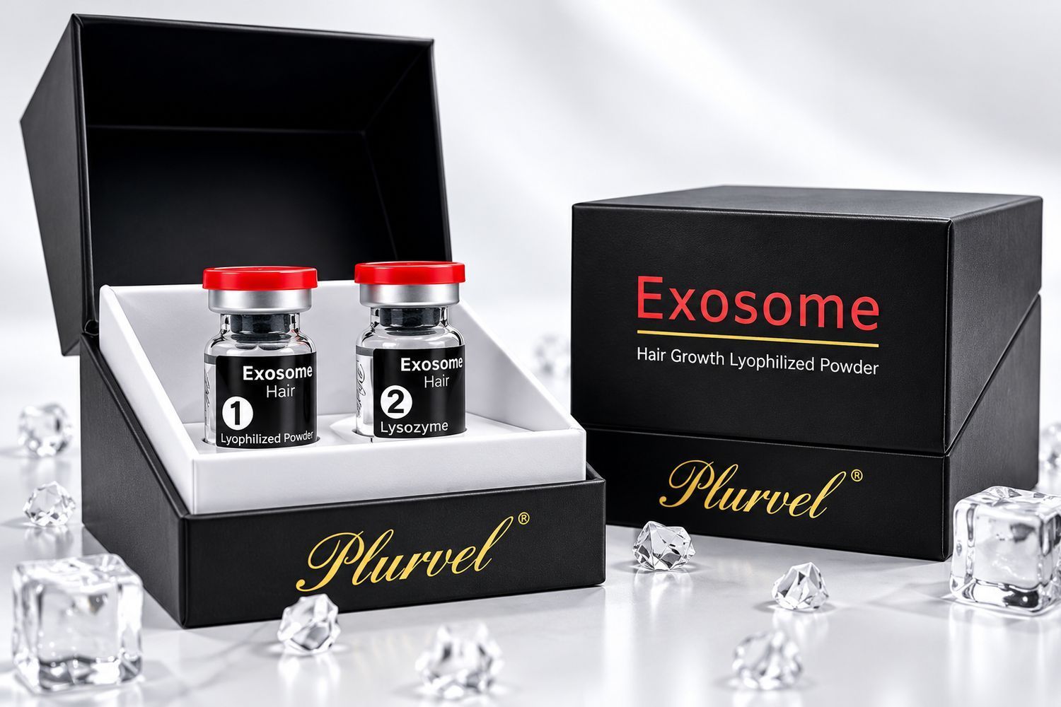 Luxury Exosome skincare gift box with two serum vials and red-and-black packaging on a white surface