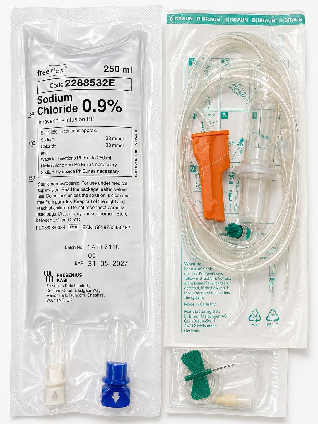 Two medical IV saline kits in clear plastic packaging, one labeled sodium chloride 0.9%.
