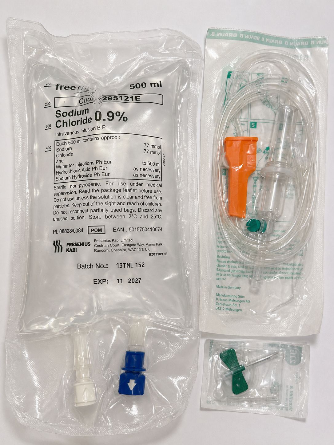 Full IV Drip Infusion Set - with 500ML Saline Bag, Giving Set & Butterfly