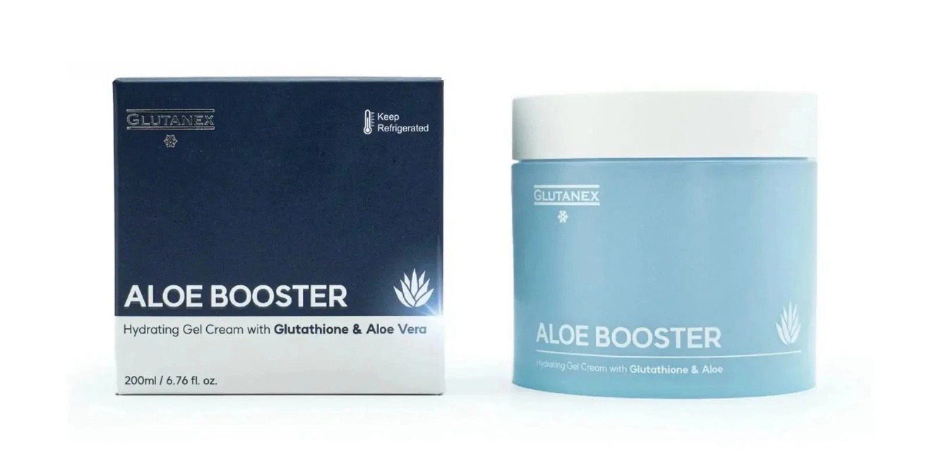 Aloe Booster skincare set: dark blue box and light blue jar on a white background