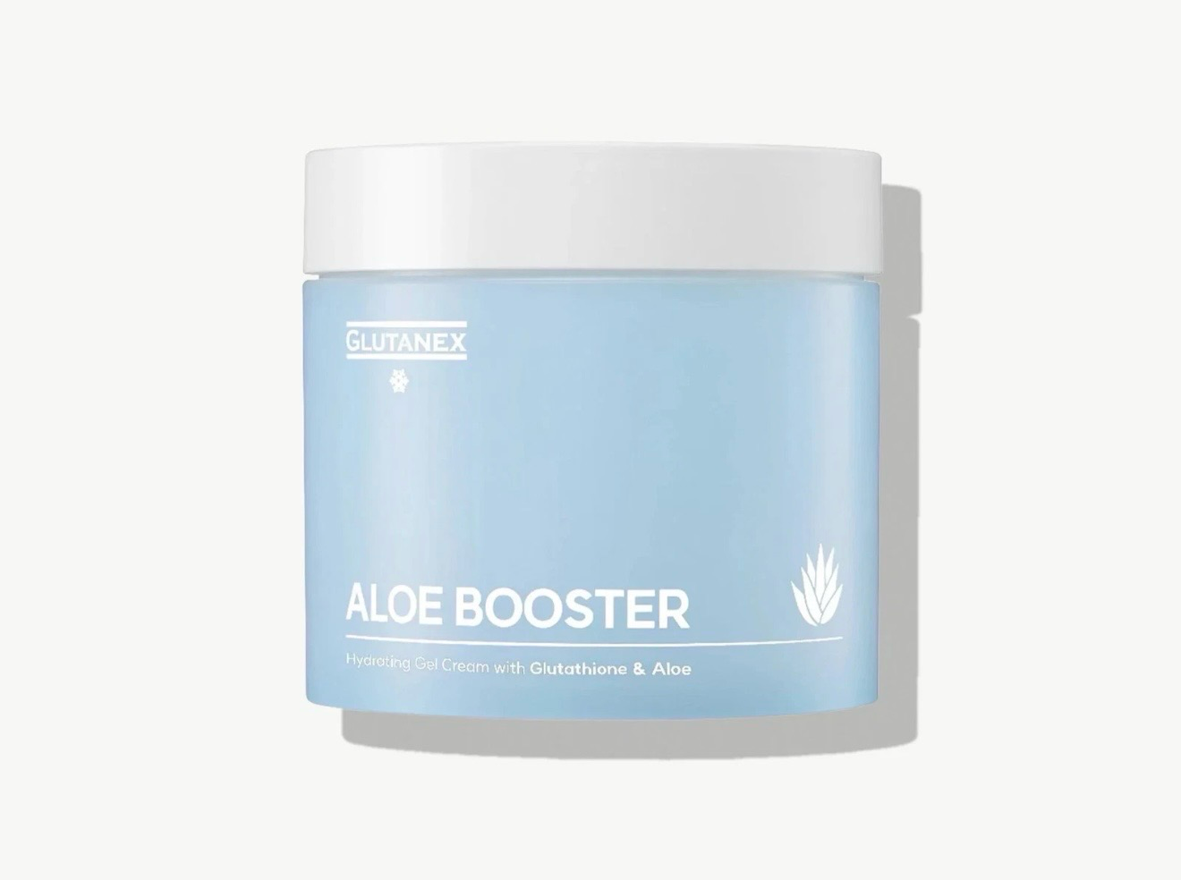 Light blue Aloe Booster skincare jar with white lid on a white background