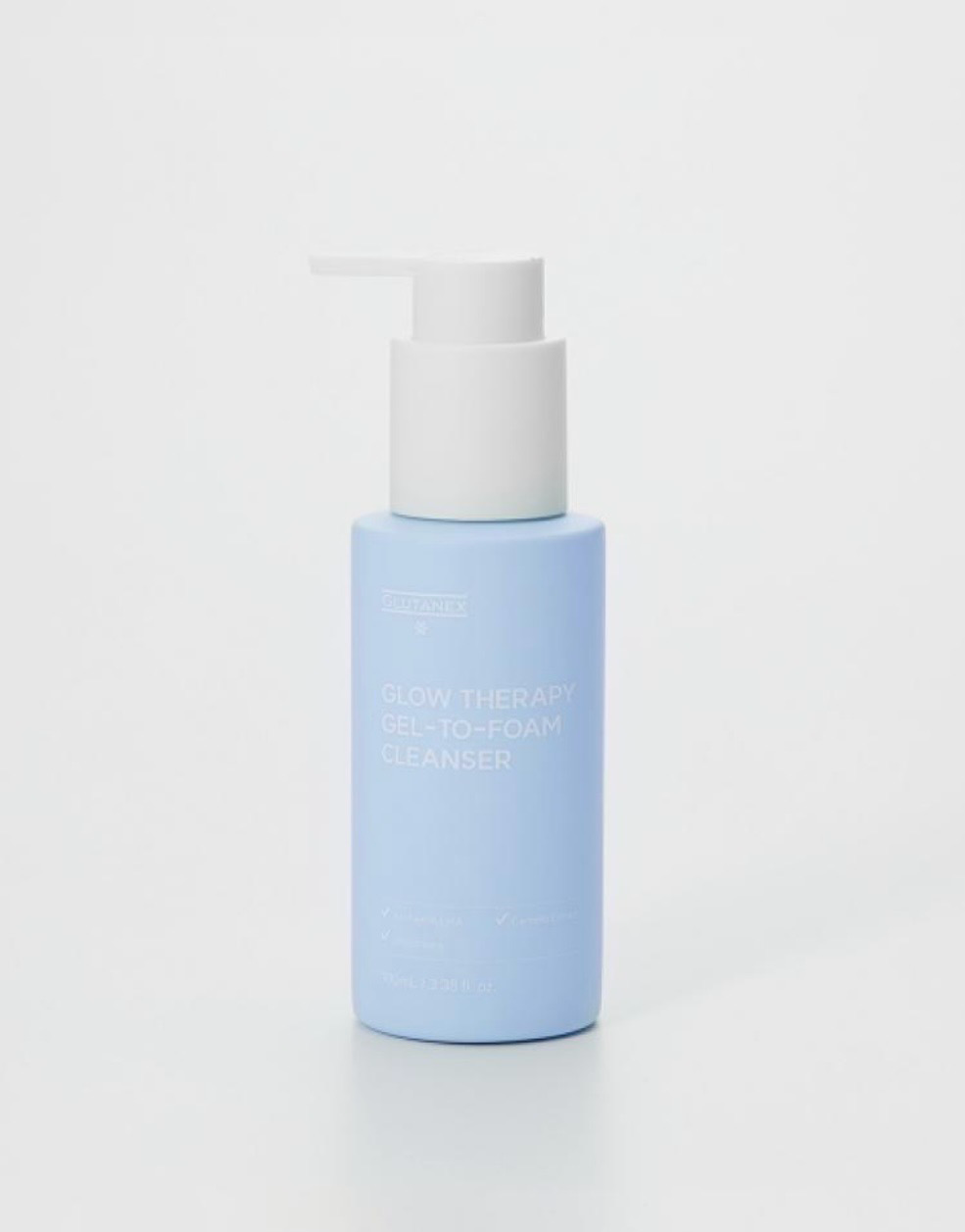 Light blue pump bottle on a white background