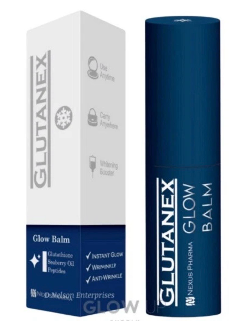 Glutanex Glow Balm product box and blue tube on a white background